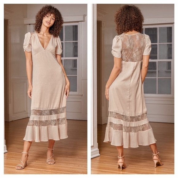 NWT Lulus Precious Moments Sheer Lace
Back Panel Short Sleeve Midi Dress - Picture 1 of 5